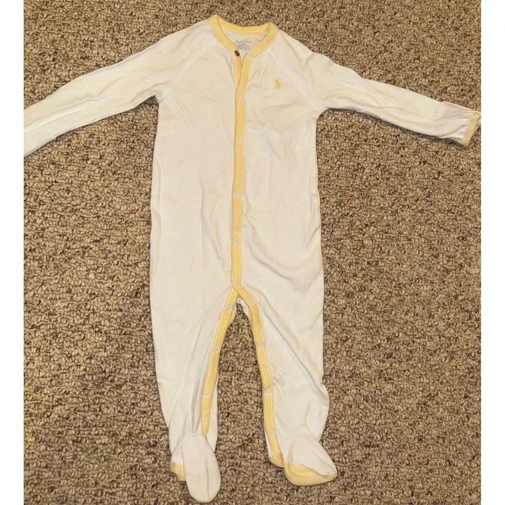 Ralph Lauren Baby White Yellow Striped Trim Footed Romper Sleeper 9M 9 Months
